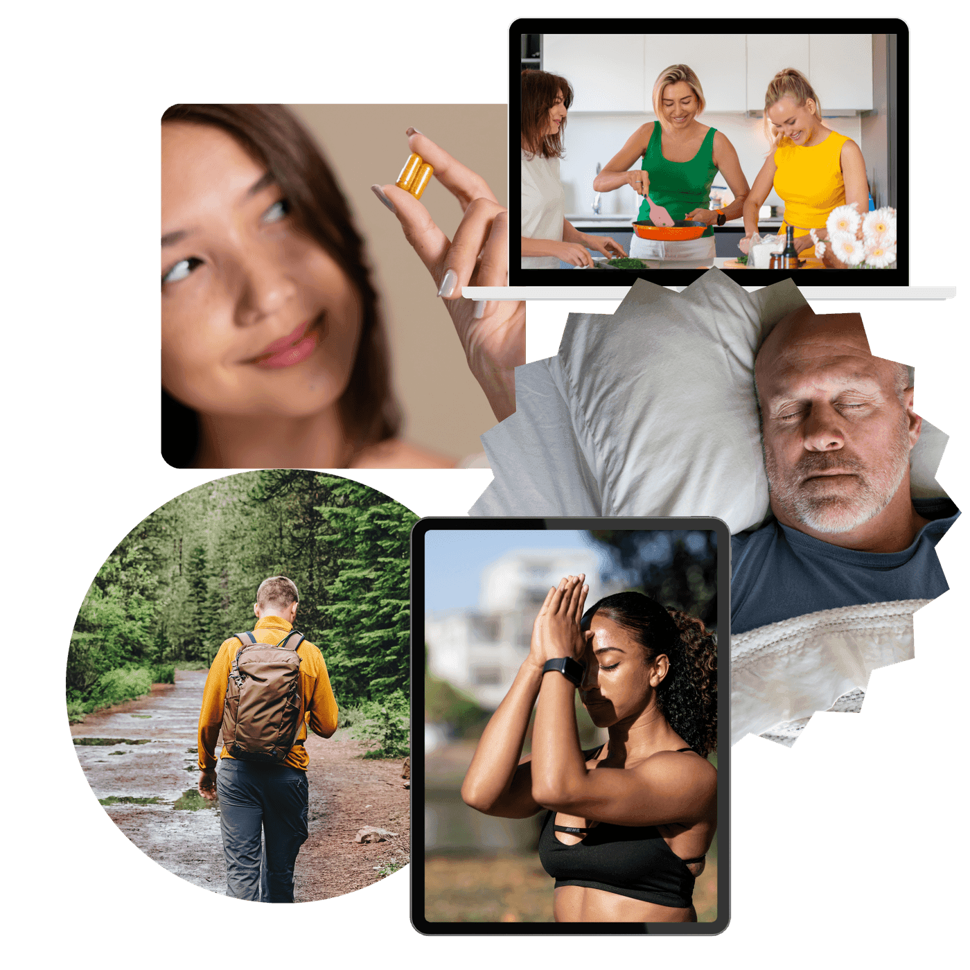 A collage of the five pillars of metabolic health in daily life: supplementation, fresh-cooked nutrition, restful sleep, an outdoor walk, and mindful stress relief.