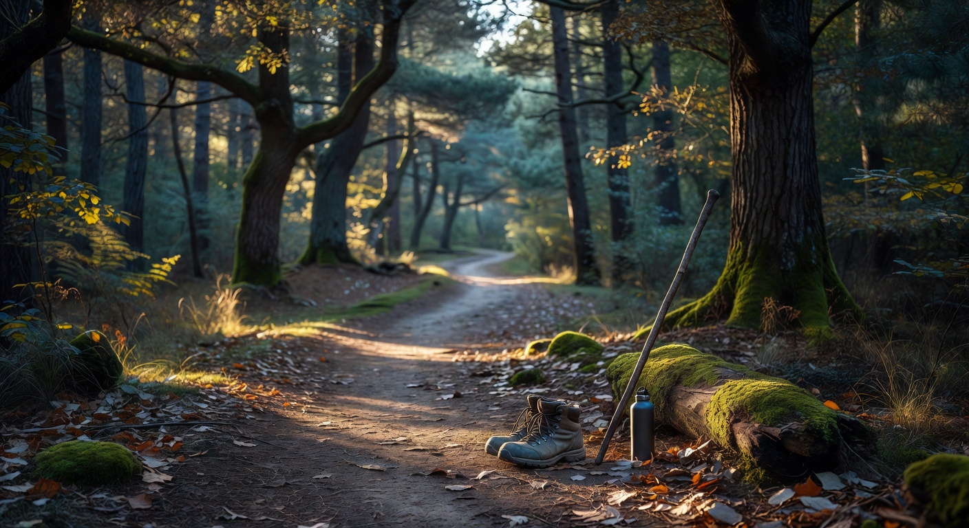 A quiet forest path at early morning with worn walking shoes resting on the dirt, a wooden walking stick leaning against a moss-covered log, and a small water bottle beside it. No people.