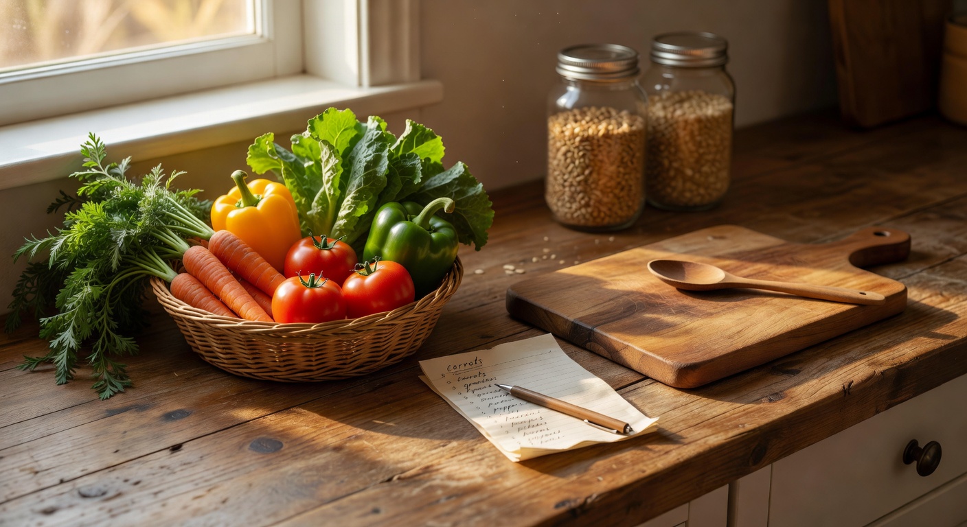 A sunlit wood kitchen counter at mid-morning with a woven basket of whole vegetables, a wooden cutting board, a folded handwritten shopping list, a wooden spoon, and glass jars of grains. No packaging, no people.