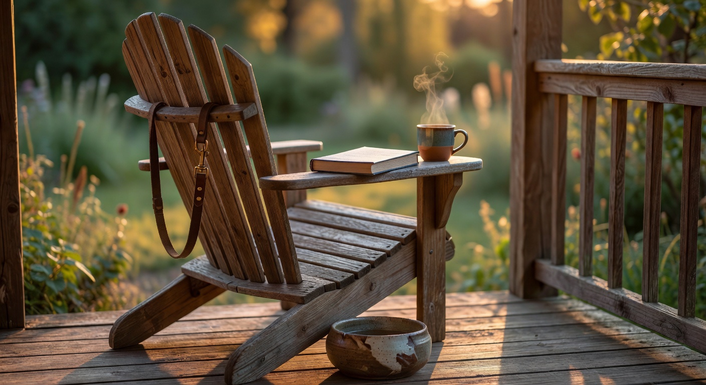 A wooden front porch in golden-hour light with a leather dog leash hanging from an Adirondack chair, a stoneware water bowl on the floor, an open journal on the chair's arm, and a ceramic mug on the railing. No people.