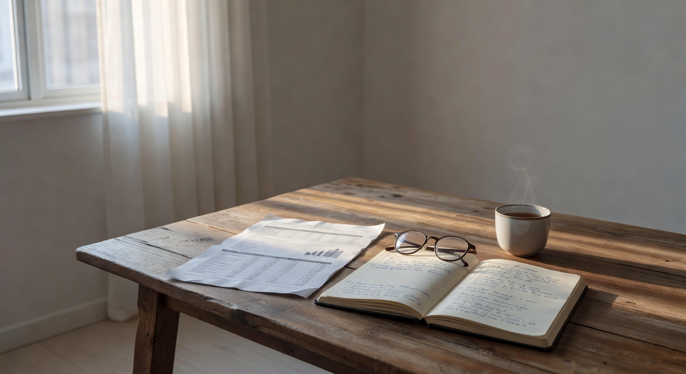 A sunlit kitchen table at early morning with a printed lab-results page, a hardcover notebook with hand-written notes, reading glasses, and a ceramic cup of tea. No people, no medical equipment.
