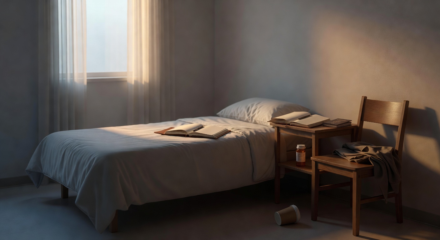 A quiet hospital room at early morning, with a notebook lying open beside a closed passport on a bedside table, a single amber prescription bottle on the lower shelf, a folded jacket on an empty chair, and a half-empty paper coffee cup on the floor.