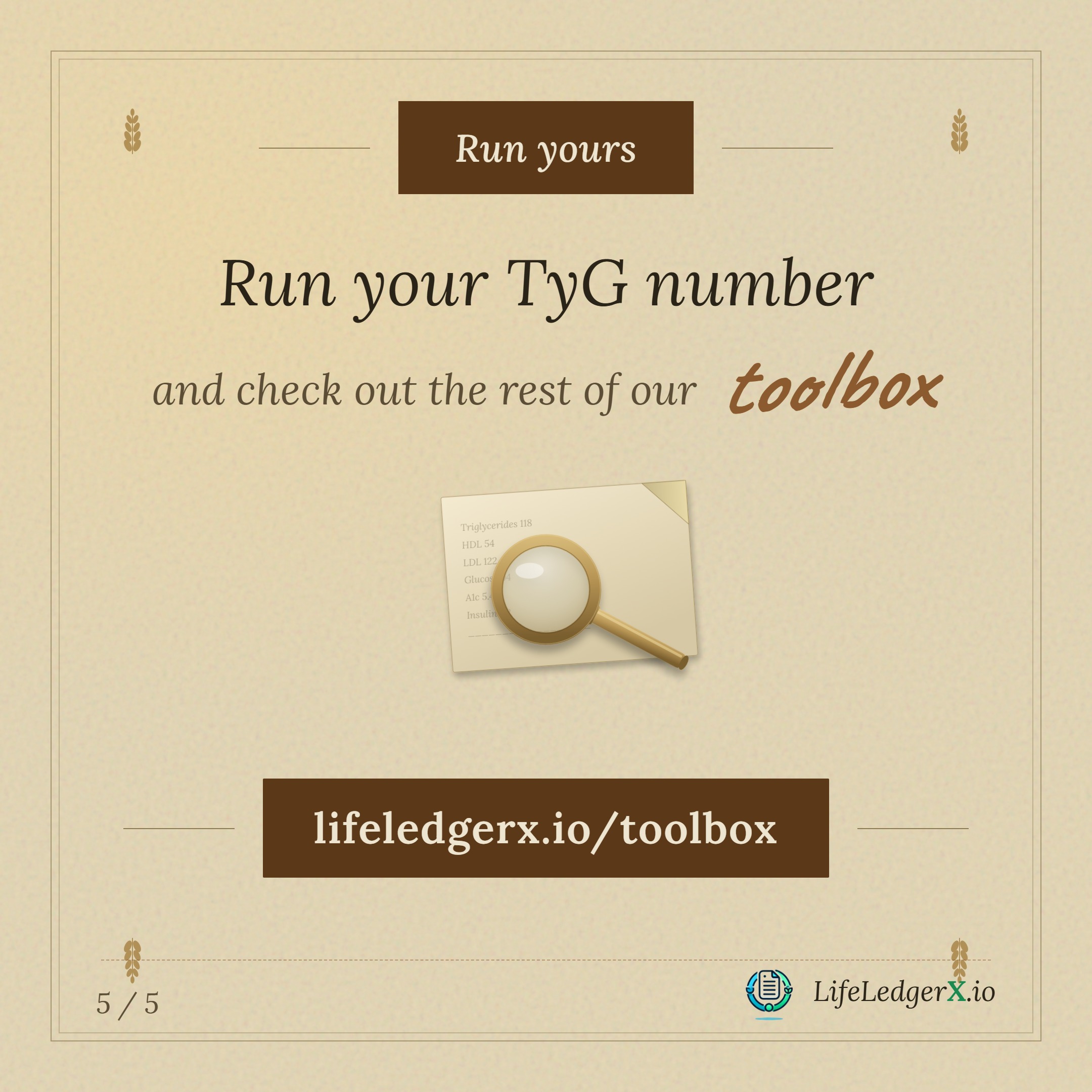 Run yours: a magnifying glass over a lab-results panel with the lifeledgerx.io/toolbox URL.